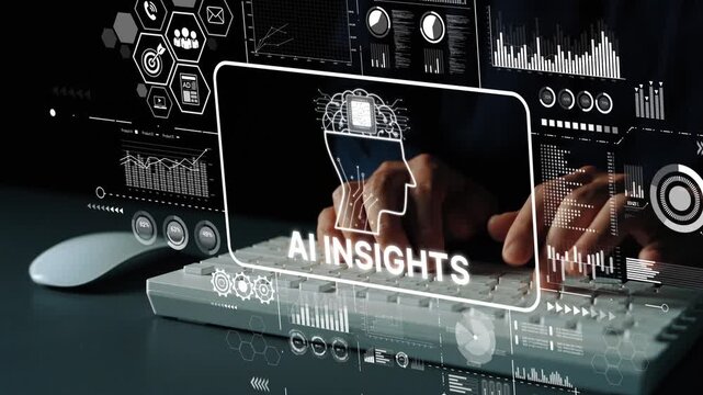 Modern Technology Interface Featuring AI Insights with Data Visualization on Keyboard and Screen Display. Asymptotic smart data analytic.
