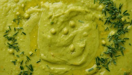 Herb-infused split pea soup puree with olive oil. Overhead view, blank space, flat layout
