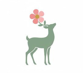 A serene deer standing calmly with a flower in its mouth, surrounded by serenity, from a side viewpoint