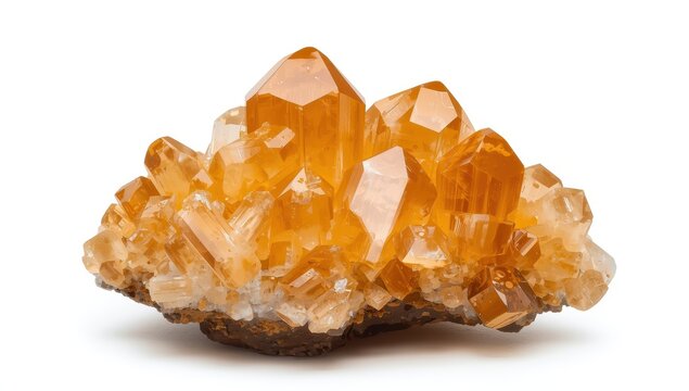 Highly detailed close-up of vibrant orange citrine quartz cluster on white background. Raw, shiny yellow crystal specimen