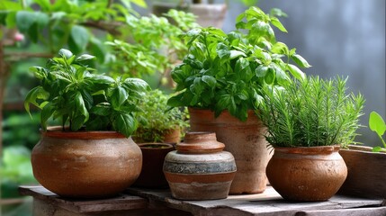 Fototapeta premium Fresh Herbs in Terracotta Pots on Wooden Table Surrounded by Lush Greenery in a Bright Natural Light Setting