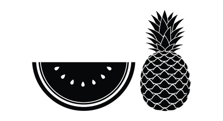 A striking graphic design showcases a watermelon slice and a pineapple rendered in a bold black silhouette high quality professional detailed © mrvect02