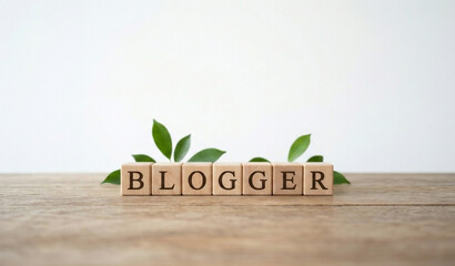 木製の積み木で「BLOGGER」の文字