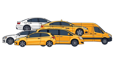 Fototapeta premium Collection of various yellow vehicles in a graphic illustration against white background