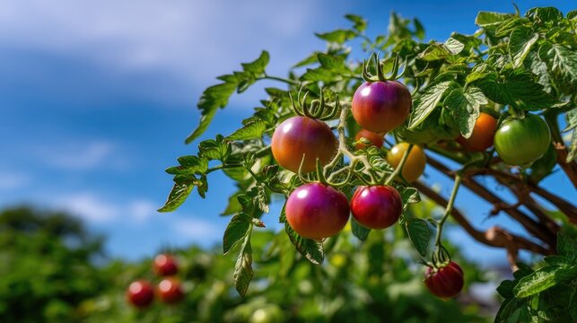 Colorful Ripe Tomatoes Hanging from Branches in a Lush Garden Under Clear Blue Sky