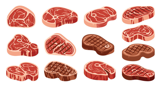 Detailed collection of raw and grilled meat steaks including beef, pork, and lamb cuts displayed in a grid on a white background.