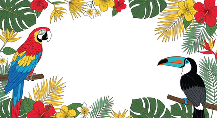 Fototapeta premium Tropical Floral Frame with Parrot, Toucan, Palm Leaves, and Exotic Flowers Illustration for Summer Banner, Jungle Theme, and Nature Decoration Design