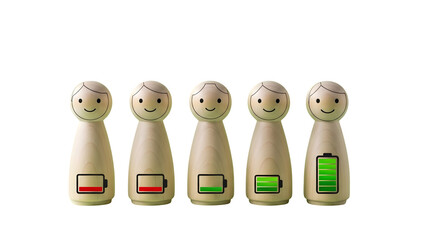 Obraz premium Smiling wooden figures with varying battery charge levels