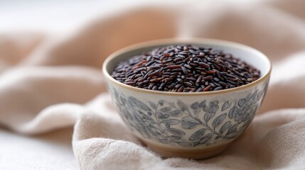 Bowl of Healthy Black Rice Grain on Soft Fabric Surface for Culinary and Nutritional Uses