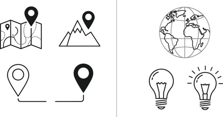 Fototapeta premium Location map pins globe and light bulb line icons set navigation idea vector illustration collection