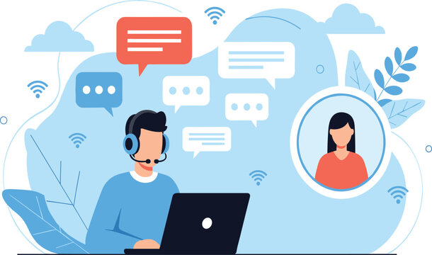 Online Customer Support Service Illustration with Call Center Agent Using Laptop, Headset Communication, and Chat Messages for Digital Help Desk Concept