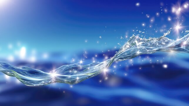 Glimmering Water Wave on Bright Blue Background with Sparkling Light Reflections and Soft Focus Elements