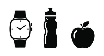 A minimalist composition of a smartwatch water bottle and apple rendered as a striking silhouette high quality professional detailed modern elegant © mrvect02