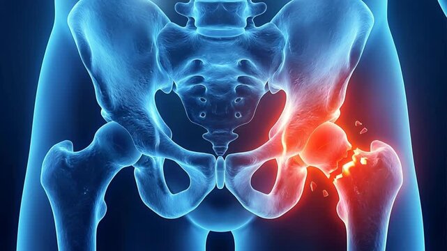 Medical illustration of a broken hip joint highlighted in red with the pelvis and femurs shown in blue with glowing effect and a dark background
