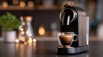 Sleek Espresso Machine Preparing Fresh Coffee in Stylish Kitchen with Cozy Atmosphere