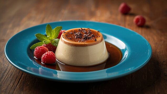 Italian panna cotta served on a blue dish with raspberries and mint, set against a vintage wooden backdrop. Soft focus, retro effect