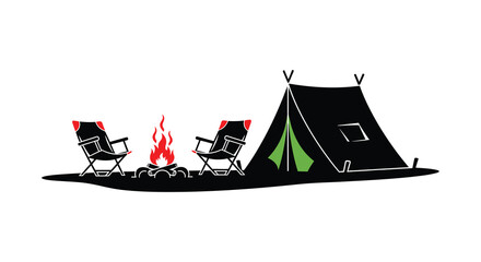 A tranquil camping scene depicts chairs around a fire and a tent presented as a striking silhouette high quality professional detailed © mrvect02