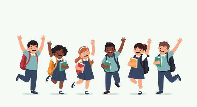 Group of diverse and happy primary school children wearing uniforms and backpacks jump and cheer with their school books.