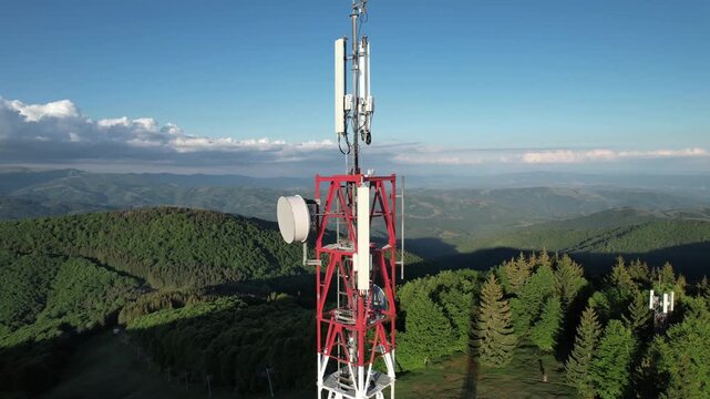 Communication tower top. Radio antenna Tower , microwave antenna tower on light sky background. wireless technology concept. communication development concept. image for objects and article