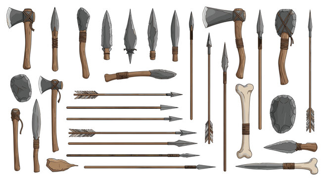 Extensive collection of prehistoric stone age tools and weapons including axes, spears, arrows, and various bone implements.