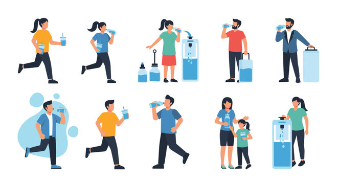 Collection of diverse people staying hydrated by drinking water from bottles and dispensers in various daily situations.