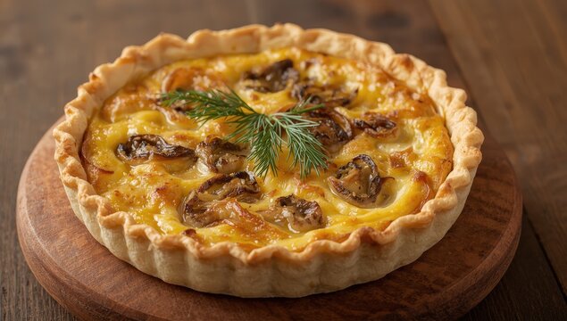 Kish topped with caramelized onions, dill, and cream cheese on a wooden surface