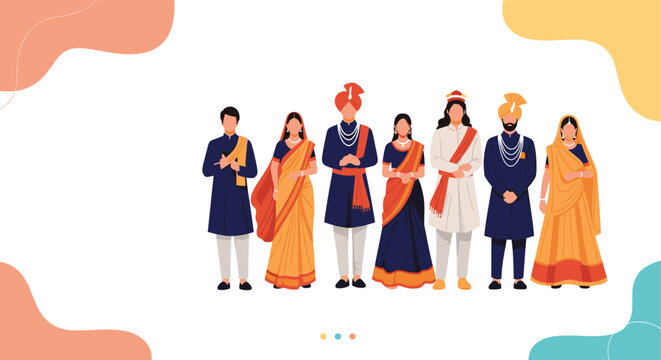 Group of men and women stand together wearing elegant and colorful traditional Indian wedding or festive clothing.