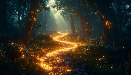 A glowing path winds through a misty forest illuminated by ethereal light and fireflies
