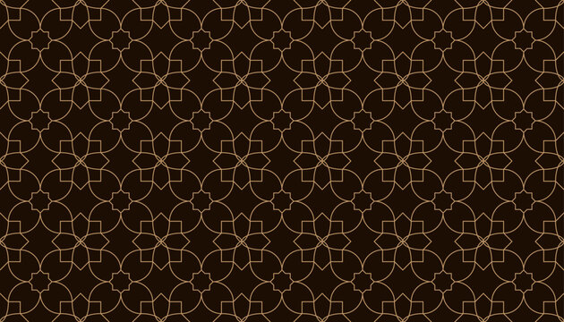 Intricate Islamic geometric seamless pattern with elegant arabesque design in rich brown and gold tones. Ideal for Ramadan projects, luxury packaging, textiles, wallpapers, and decorative surface desi