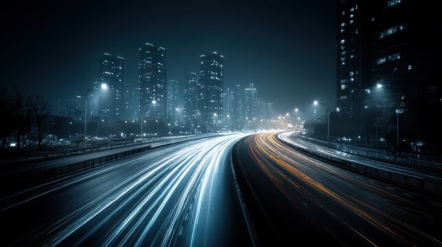 Urban Highway at Night: Modern Cityscape & Light Trails