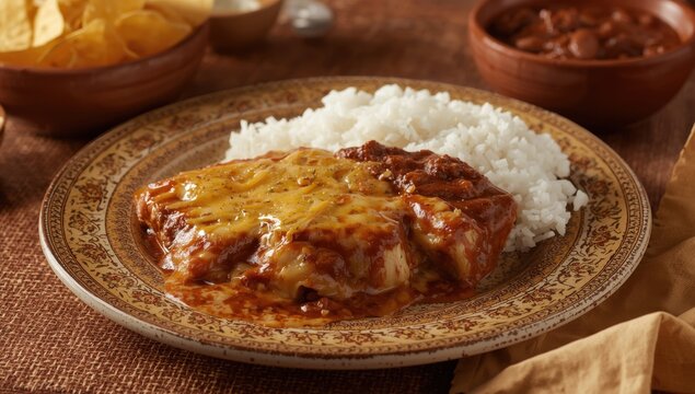 Mole enchiladas with rice and tortilla chip refried beans are visually and flavorfully enticing