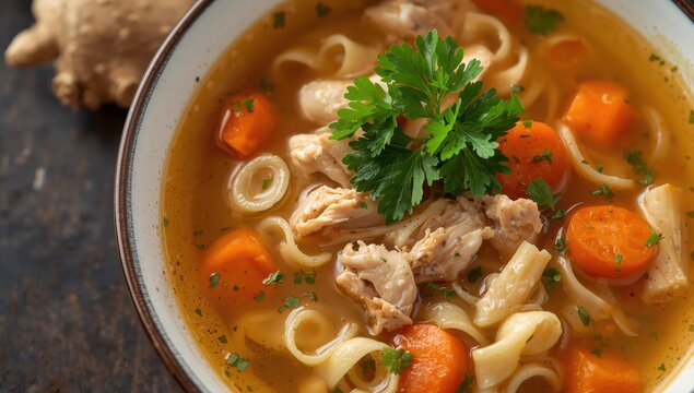 Noodle soup with chicken, carrots, and parsley