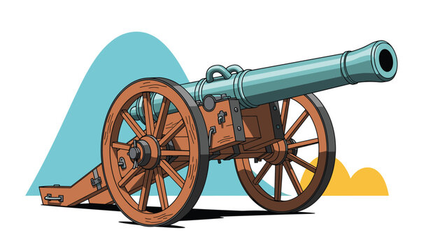 Historical military cannon positioned on wooden wheels against a stylized blue mountain background in a clean vector graphic design.