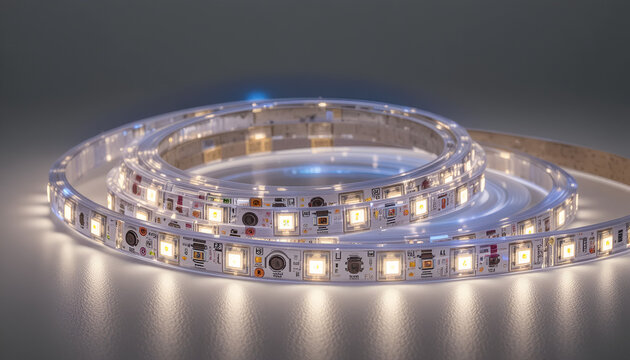 Close up view of a coiled roll of bright warm white waterproof flexible led strip lighting showcasing individual surface mounted diode components on a reflective surface with soft background lighting