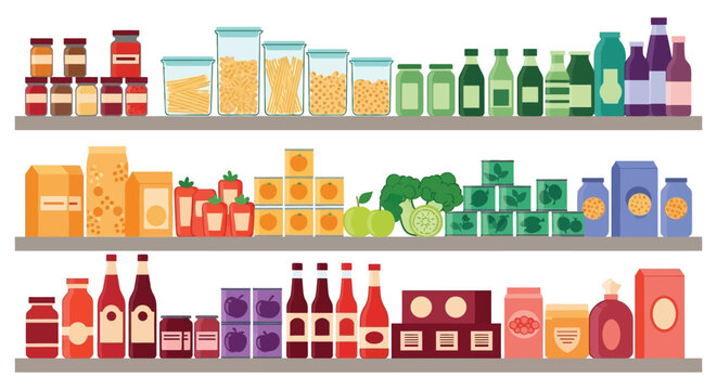 A colorful arrangement of pantry shelves displaying various food items in jars and boxes silhouette high quality professional detailed modern elegant