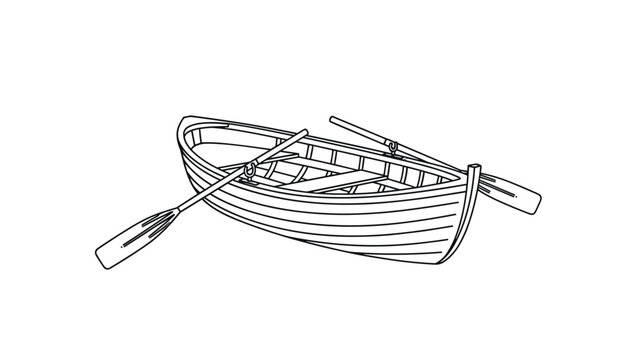 Simple black and white line drawing of a wooden rowboat with two oars resting on the sides, suitable for coloring or minimal design.