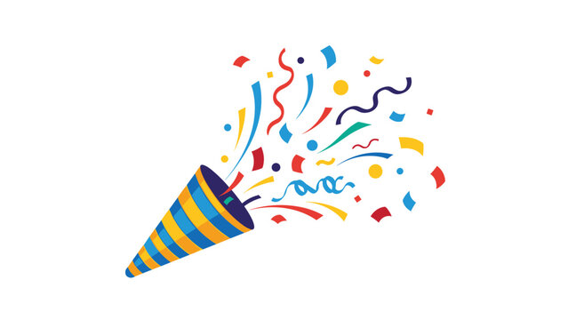 Vibrant party popper exploding with colorful confetti and streamers celebrating a festive occasion on a white background.