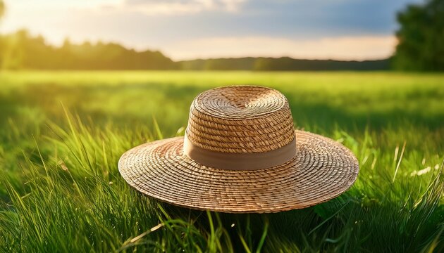 Natural Summer Raffia Straw Hat In Green Field Fashion Accessory For Outdoor Leisure And Sun Protection