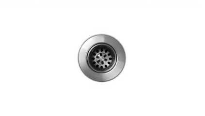 Overhead shot of stainless steel sink drain on white background