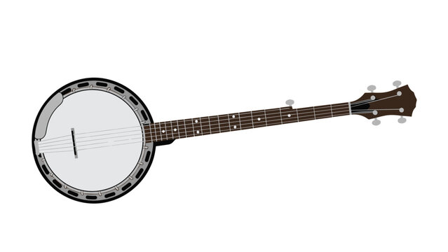 Traditional musical instrument banjo with its characteristic round body and long fretboard on a clean white background in vector.
