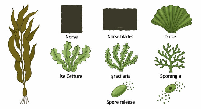 Edible seaweed and algae botanical set, labeled marine plant collection including nori dulse and gracilaria, scientific aquatic flora illustrations