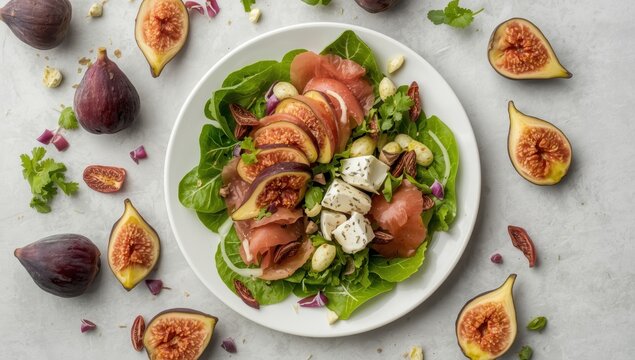 Overhead view of a salad with fresh figs, blue cheese, and jam&oacute;n on a light background