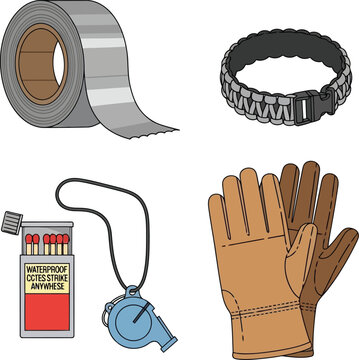 Essential survival gear collection including duct tape paracord bracelet whistle waterproof matches and leather gloves