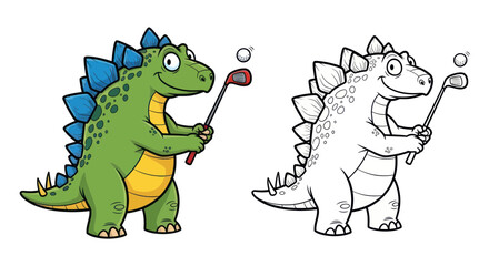 Cute Stegosaurus Dinosaur Playing Golf, Cartoon Style, Coloring Outline Included © budi