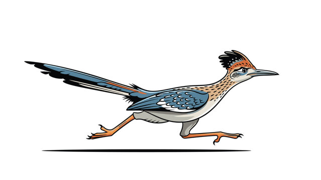 Fast roadrunner bird in full running motion with its long tail extended and feet hitting the ground in a desert landscape.