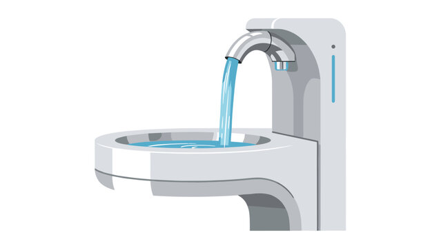 Sleek gray drinking water fountain with a modern design and a steady stream of water flowing from a chrome faucet.