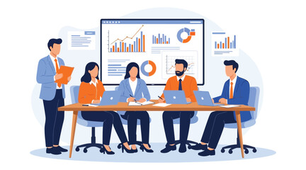 Naklejka premium Business team meeting with graphs and charts on screen