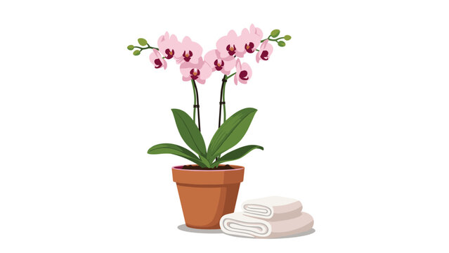 Beautiful pink orchid plant in a terracotta pot sitting next to a stack of clean white towels in a spa or bathroom setting.