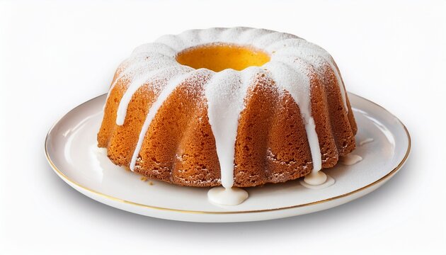 Vanilla Bundt Cake Drizzled With Powder Sugar Glaze On White Plate Isolated Cutout On Transparent Or White Background