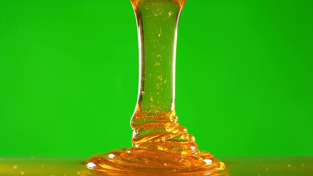 Golden Honey Dripping in Smooth Stream on Green Screen Background